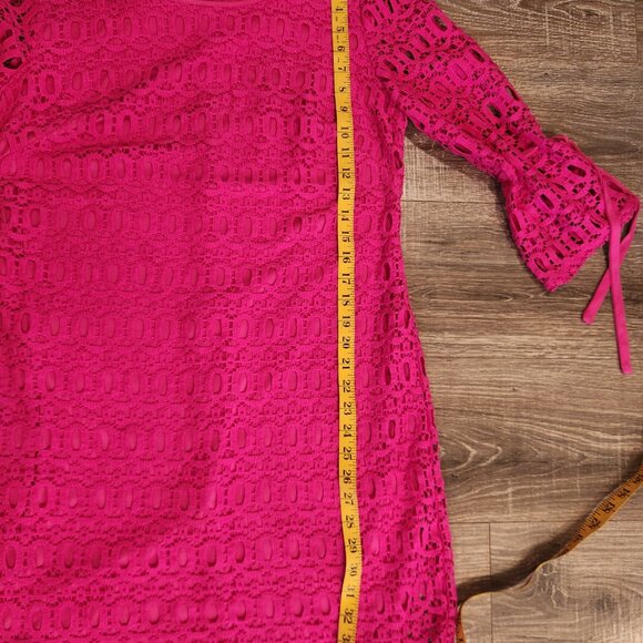 Hot Pink Crochet Lace Bell Sleeve Mini Dress - Picture 5 of 10